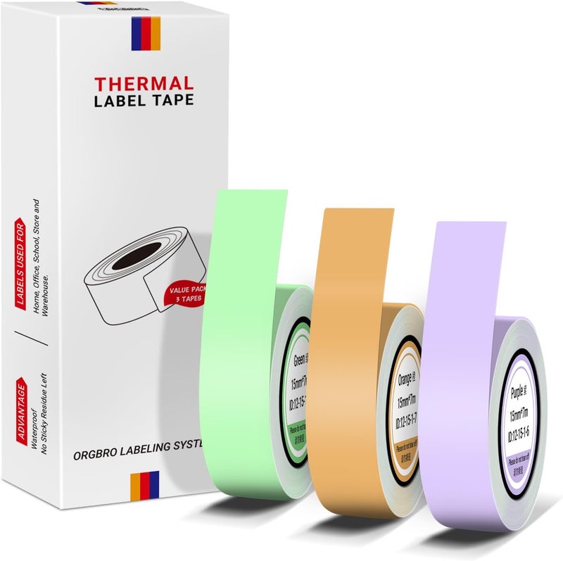 ARGBROW X1 Label Maker Tape, Genuine Thermal Label Print Paper 0.59"×275.6"(15mm×7m), Standard Laminated Office Labeling Tape Replacement, 3-Roll, Green/Purple/Orange - Image 1